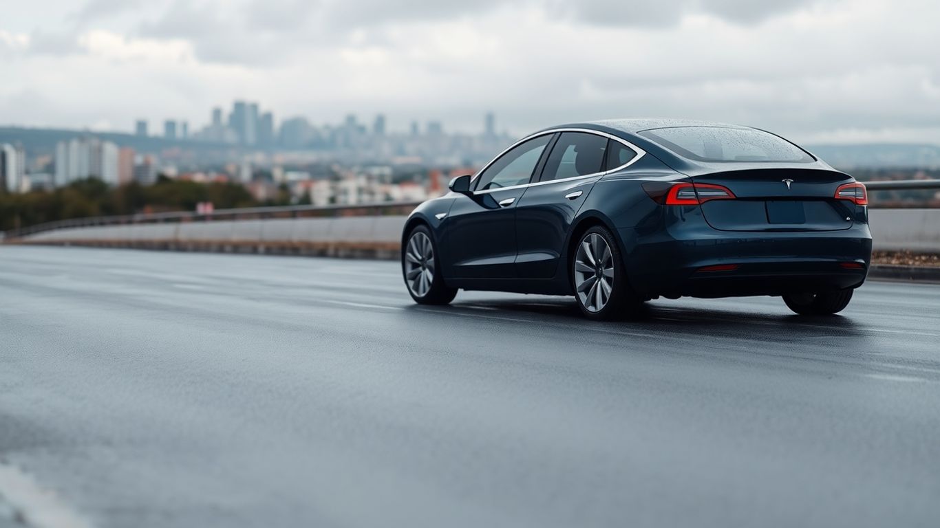 Tesla car on a wet road, overcast sky.