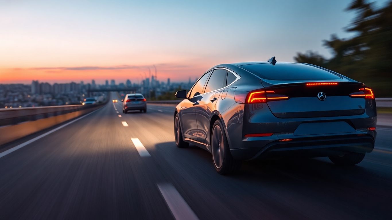 Electric car speeding on a highway at dusk.