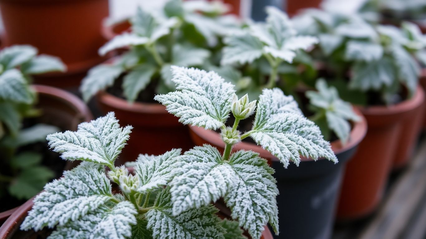 Frostbedeckte Kübelpflanzen im Herbstlicht