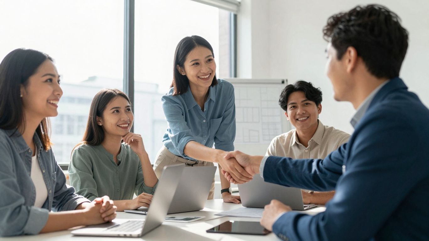 Mensen die samenwerken en glimlachen in een kantoor.