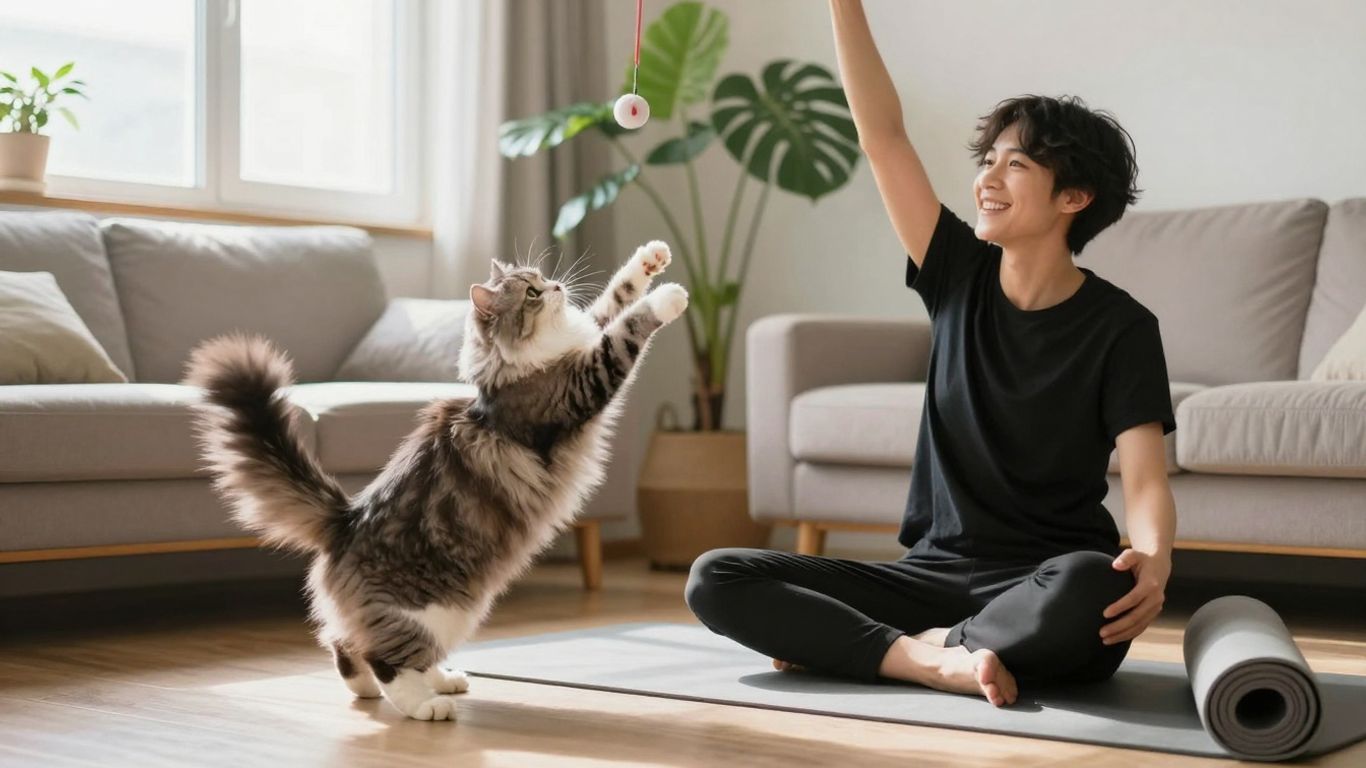 Cat and human stretching together for a healthier lifestyle.