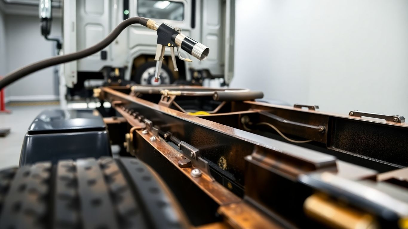 Pintura de chassi de caminhão com spray e detalhes metálicos.