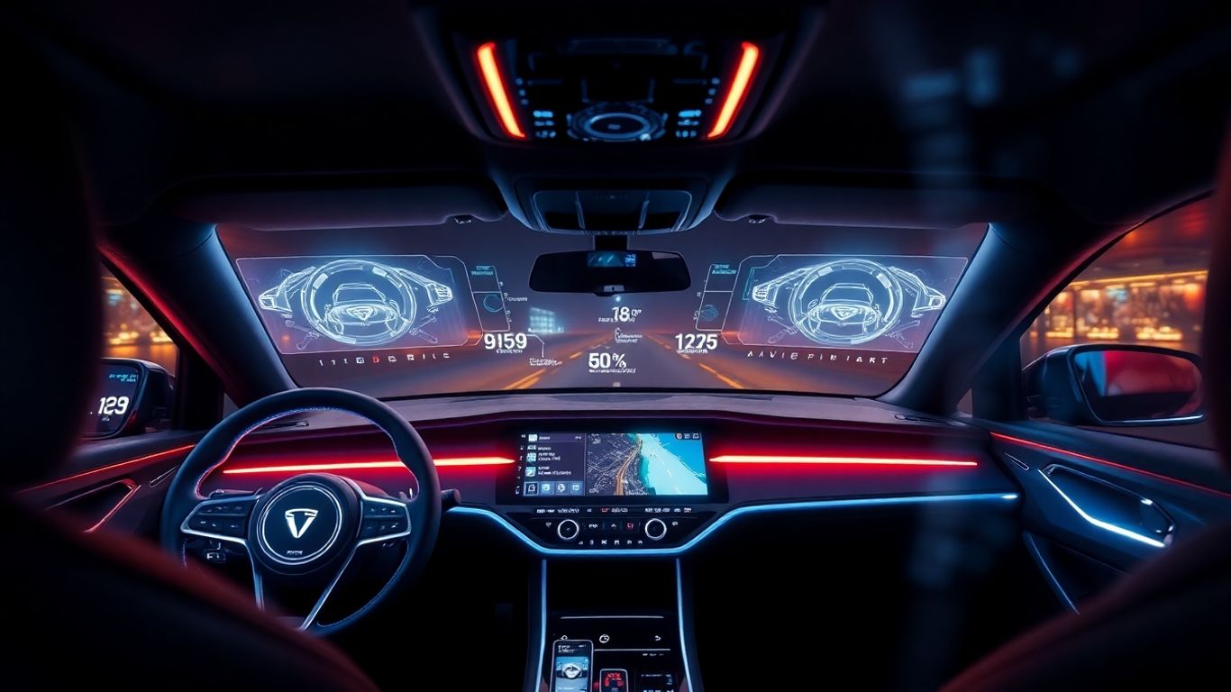 Futuristic car interior with holographic displays and advanced technology.