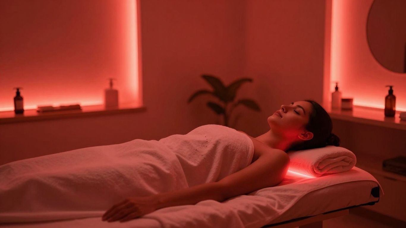 Red light therapy treatment room with patient relaxing.