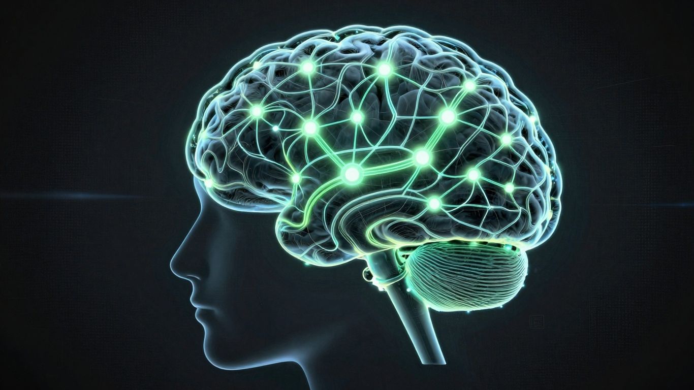 Digital brain and human silhouette merging, AI in healthcare.