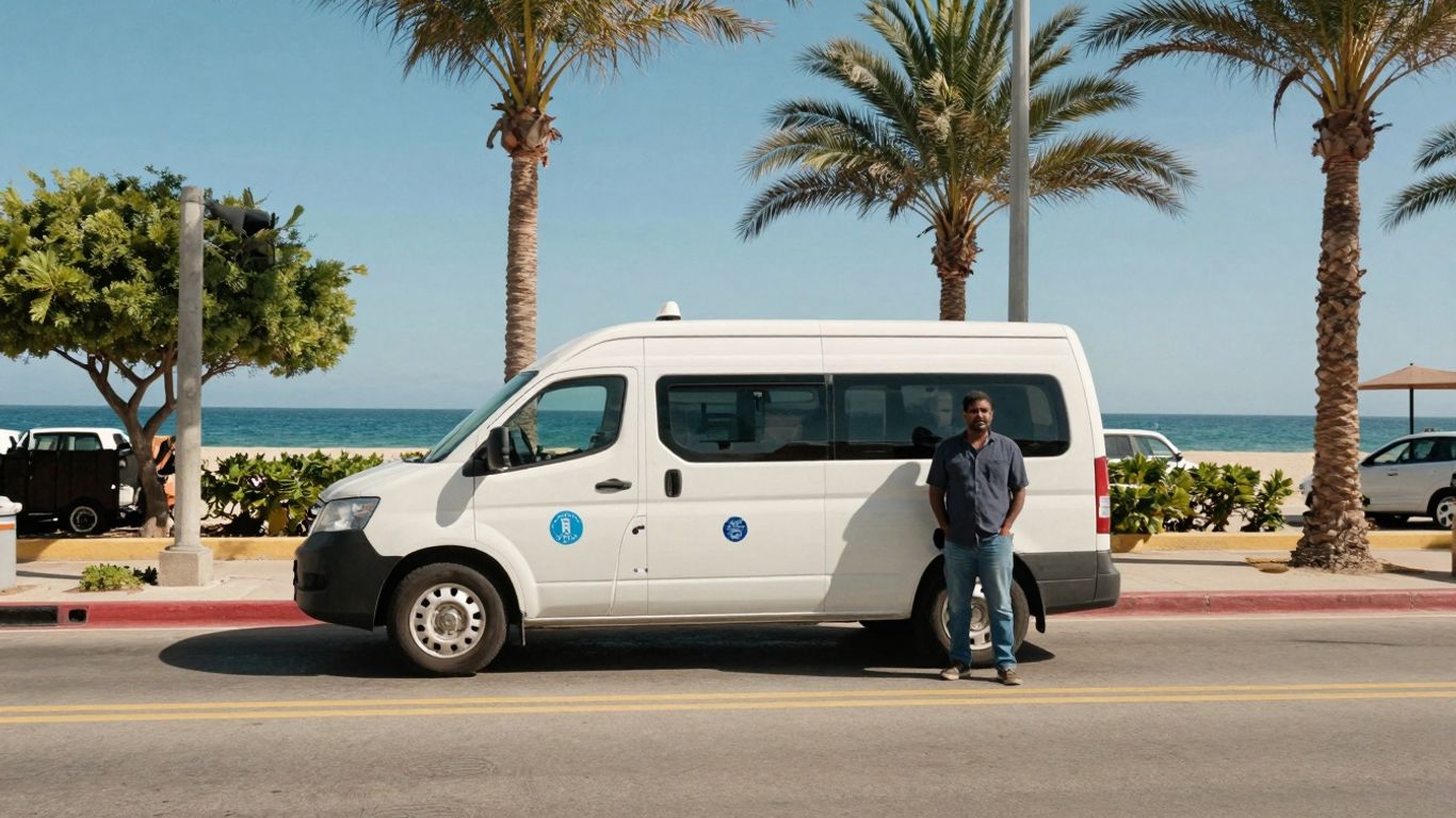 Cabo taxi van on a sunny street with palm trees.