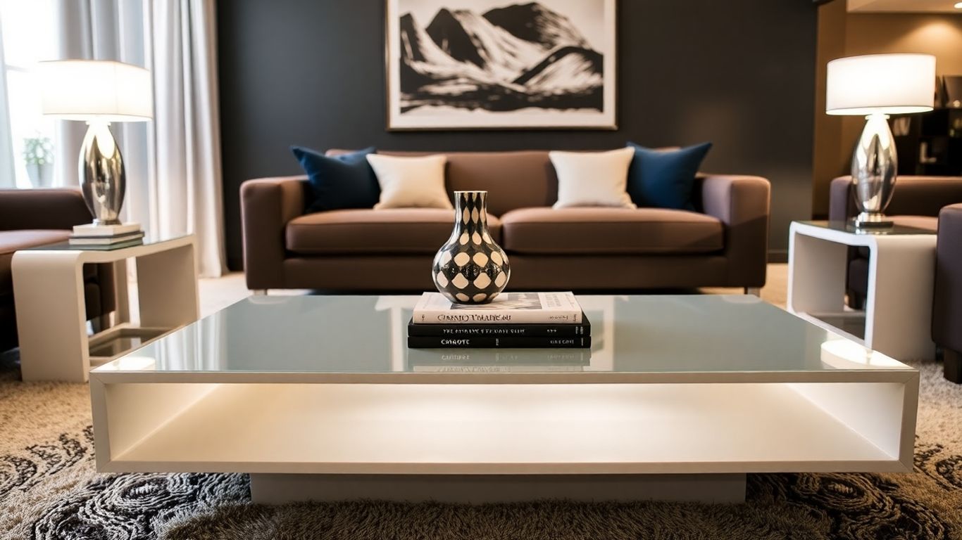 Stylish coffee and end table set in a living room.