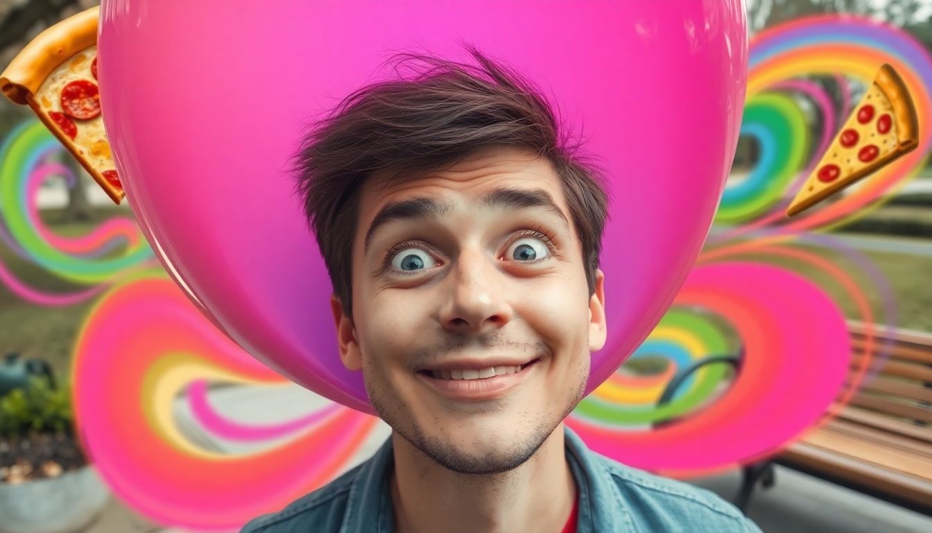 Person's face inflating with surreal colors and exaggerated objects.