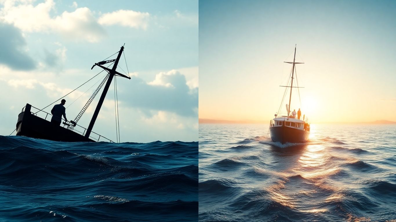 Ship sinking, then a new ship sailing towards a bright horizon.