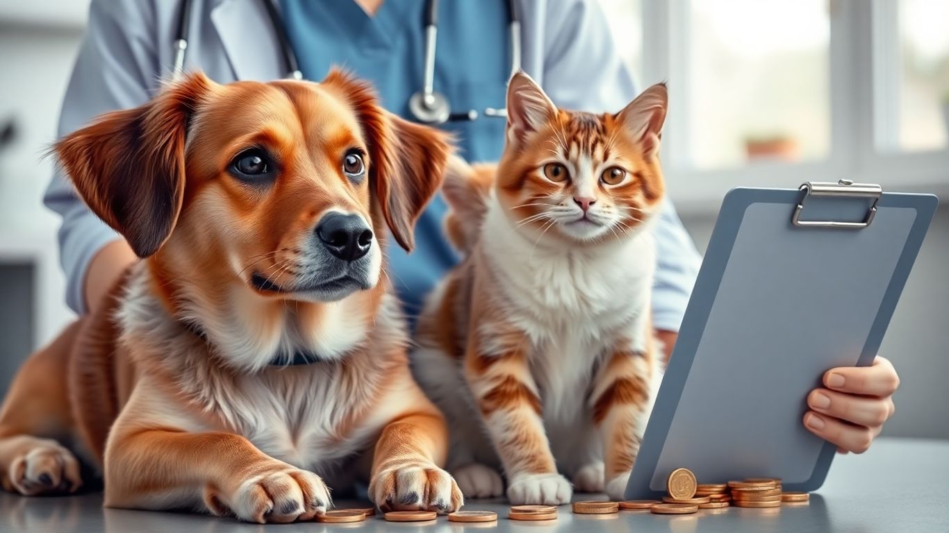 Dog, cat, and veterinarian with clipboard and coins