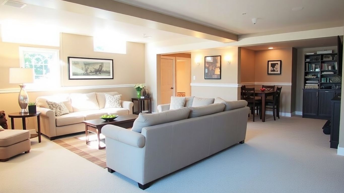 Finished basement living area with modern furniture and lighting.