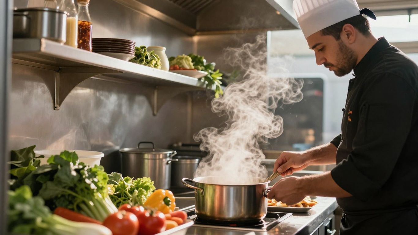 Mobile catering unit kitchen with chef preparing food.