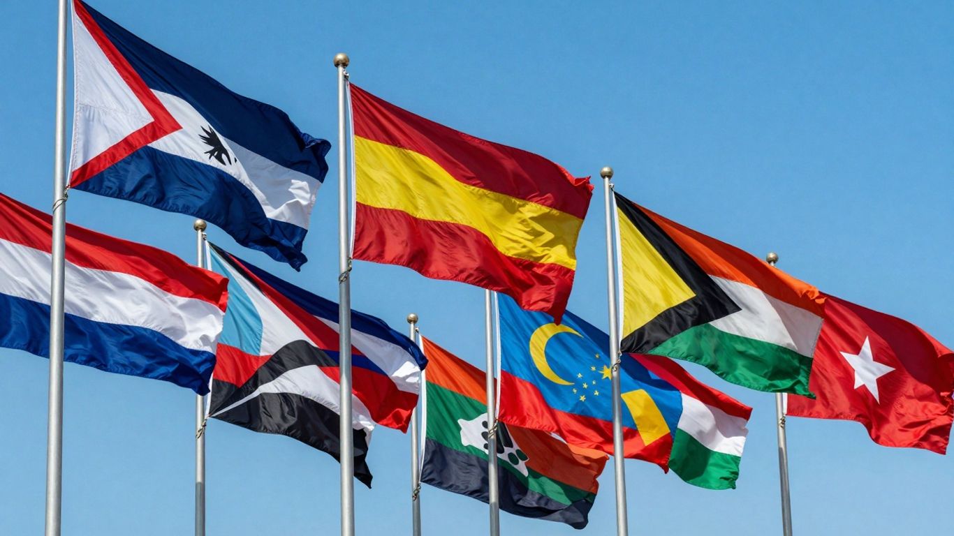 Colección de banderas nacionales ondeando al viento.