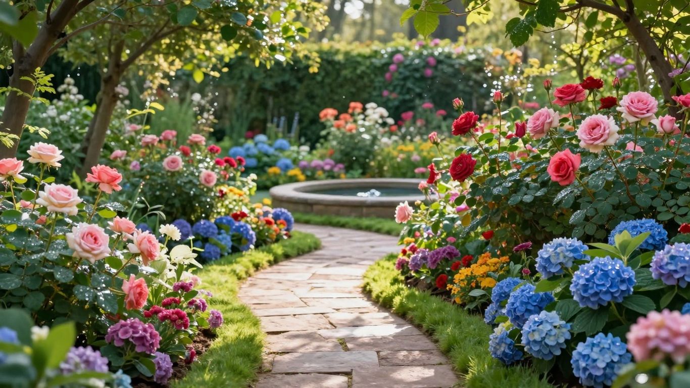 Een betoverende tuin vol bloemen en groen.