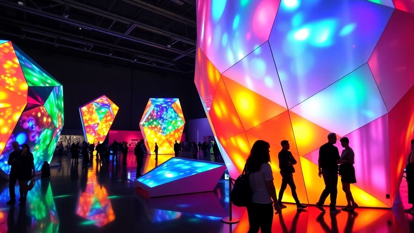Futuristic museum exhibit with glowing geometric shapes and interactive light.