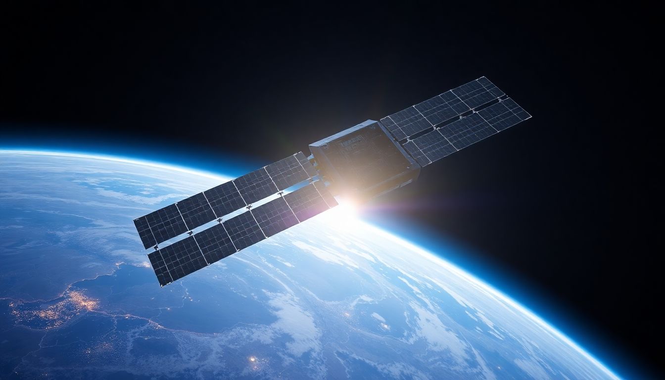 Futuristic solar-powered AI data centre satellite orbiting Earth.