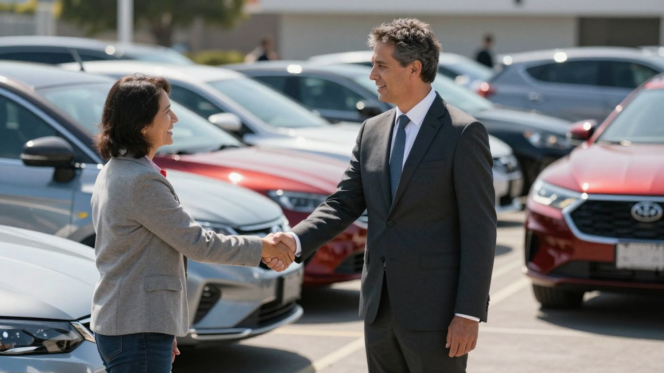 Auto broker and client shaking hands with cars.