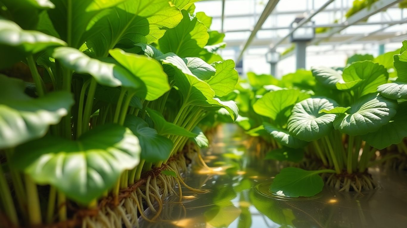 Lush green vegetables growing in a home hydroponic garden.