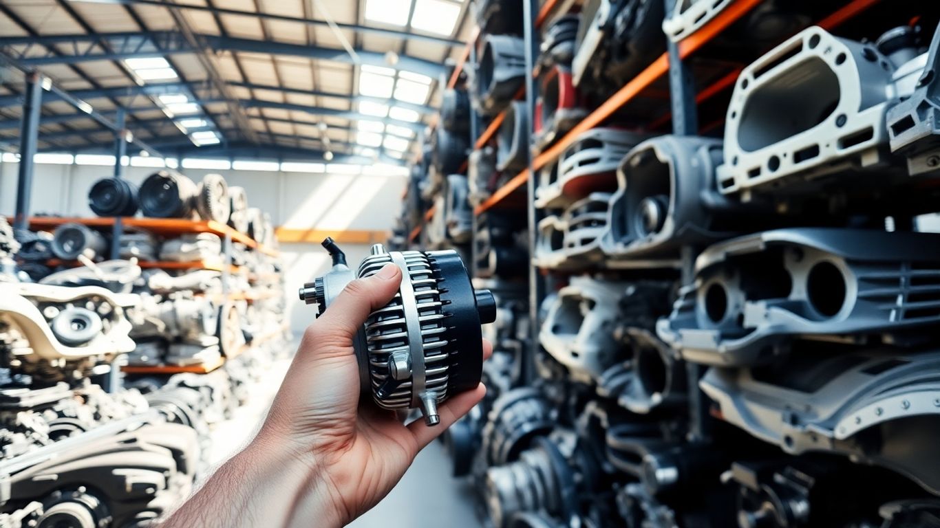 Recycled Nissan car parts in a warehouse