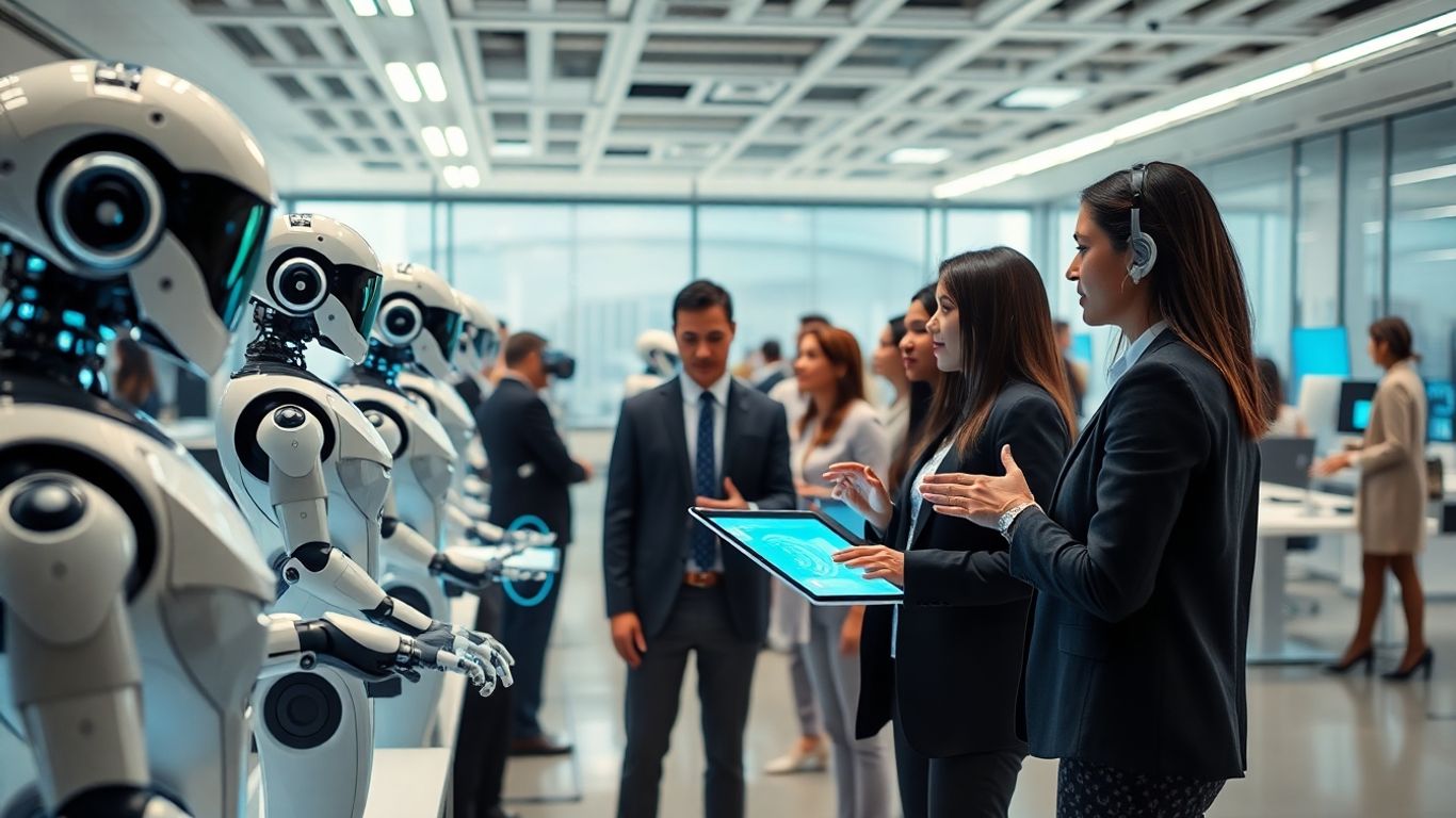 Robots and humans collaborating in a futuristic office.