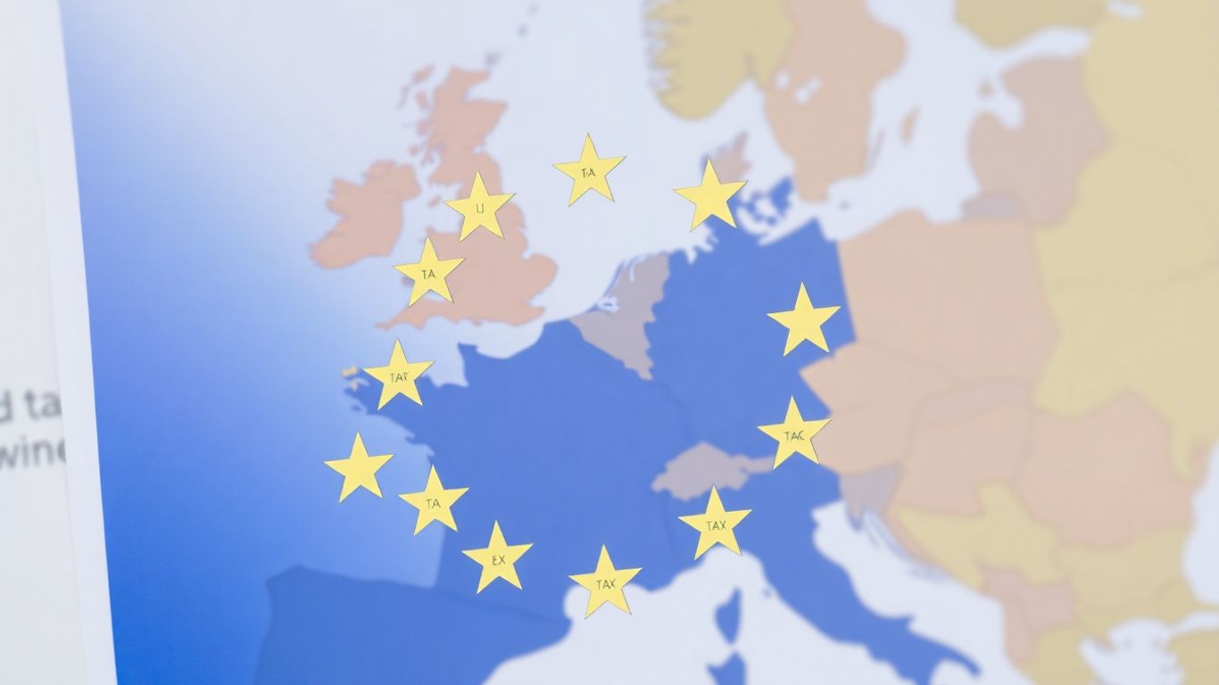 Bandeira da União Europeia com ícones de impostos e mapa da Europa.