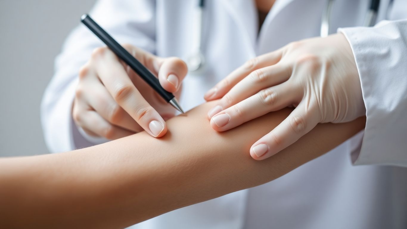 Dermatologista examinando pele de paciente.