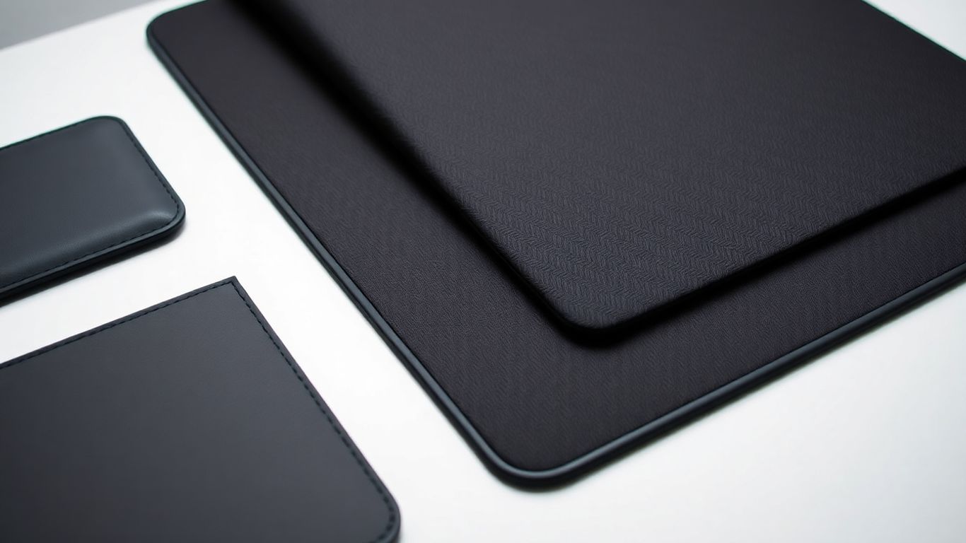 Tesla accessory materials: carbon fiber, leather, rubber.
