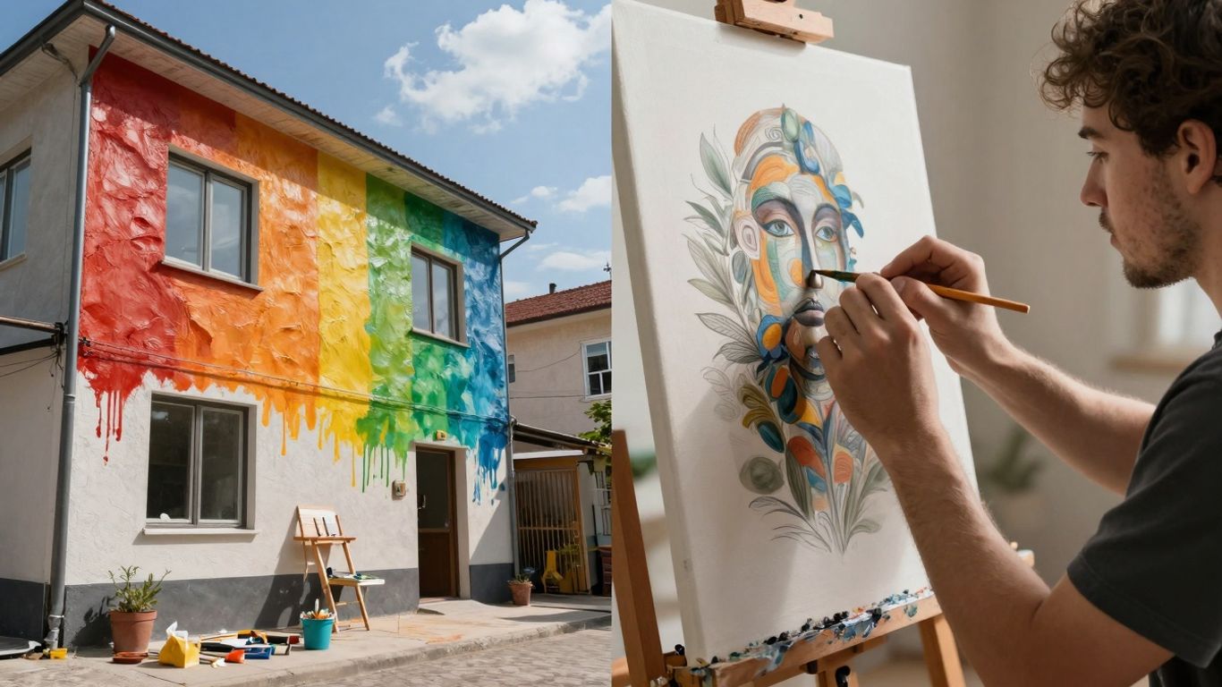 Painter working indoors and outdoors on different projects.