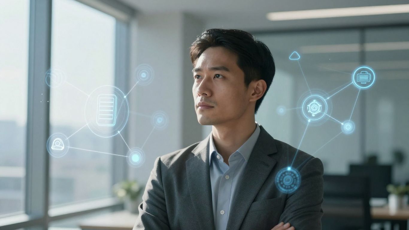 Professional contemplating technology connections in a bright office.