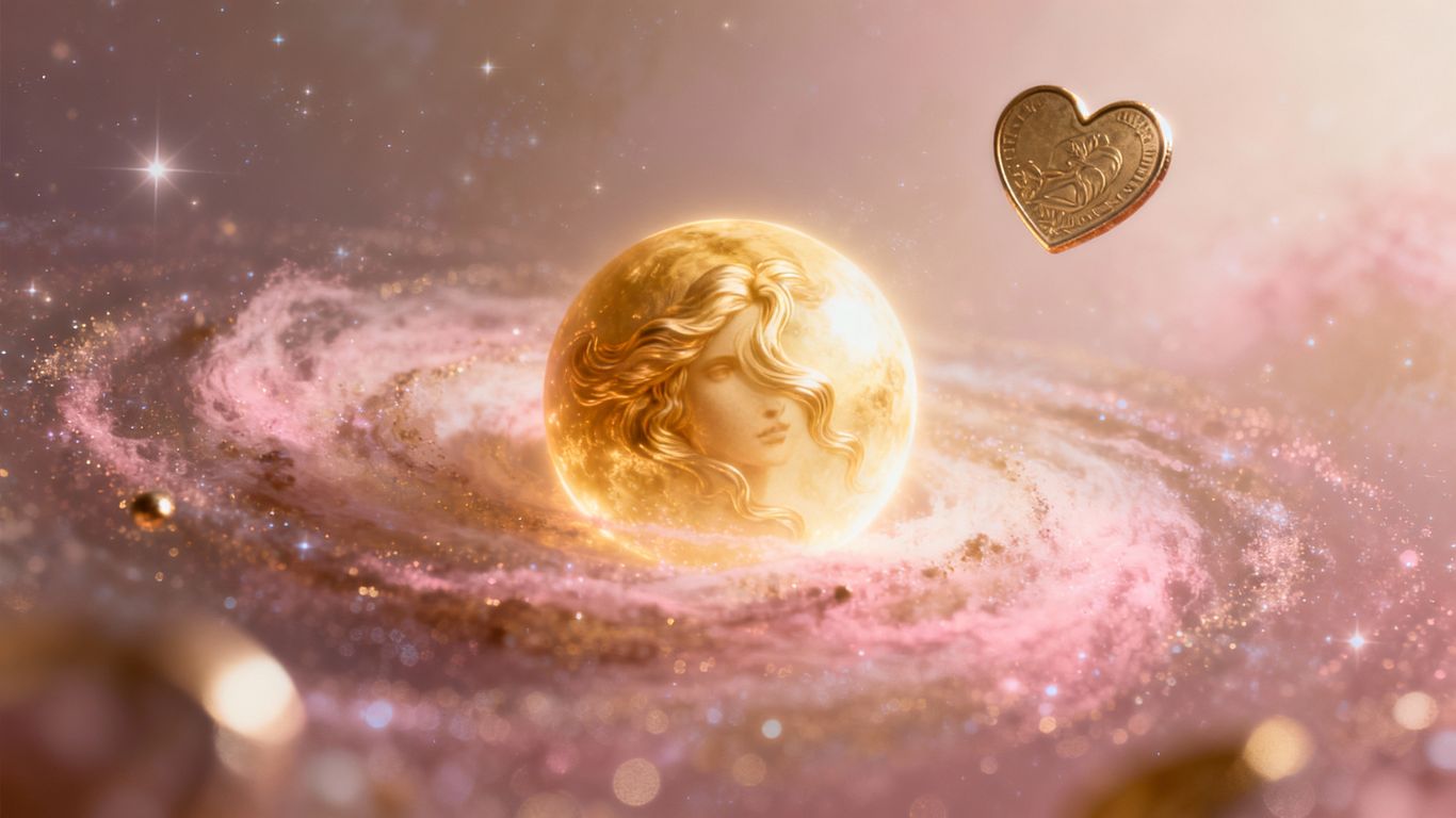 Venus planet with heart and coin in cosmic dust.