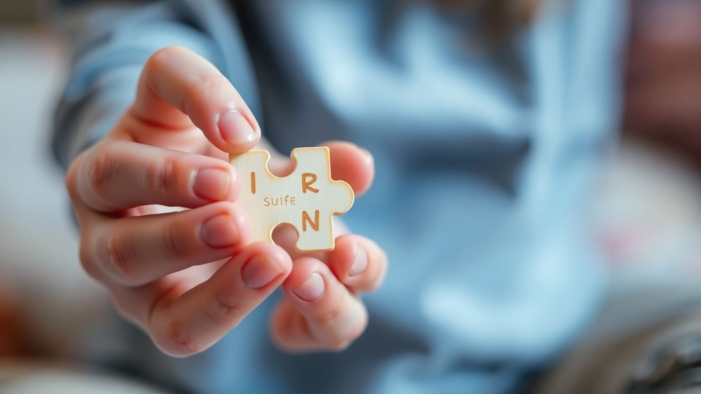 Child's hands holding a puzzle piece, symbolizing development.