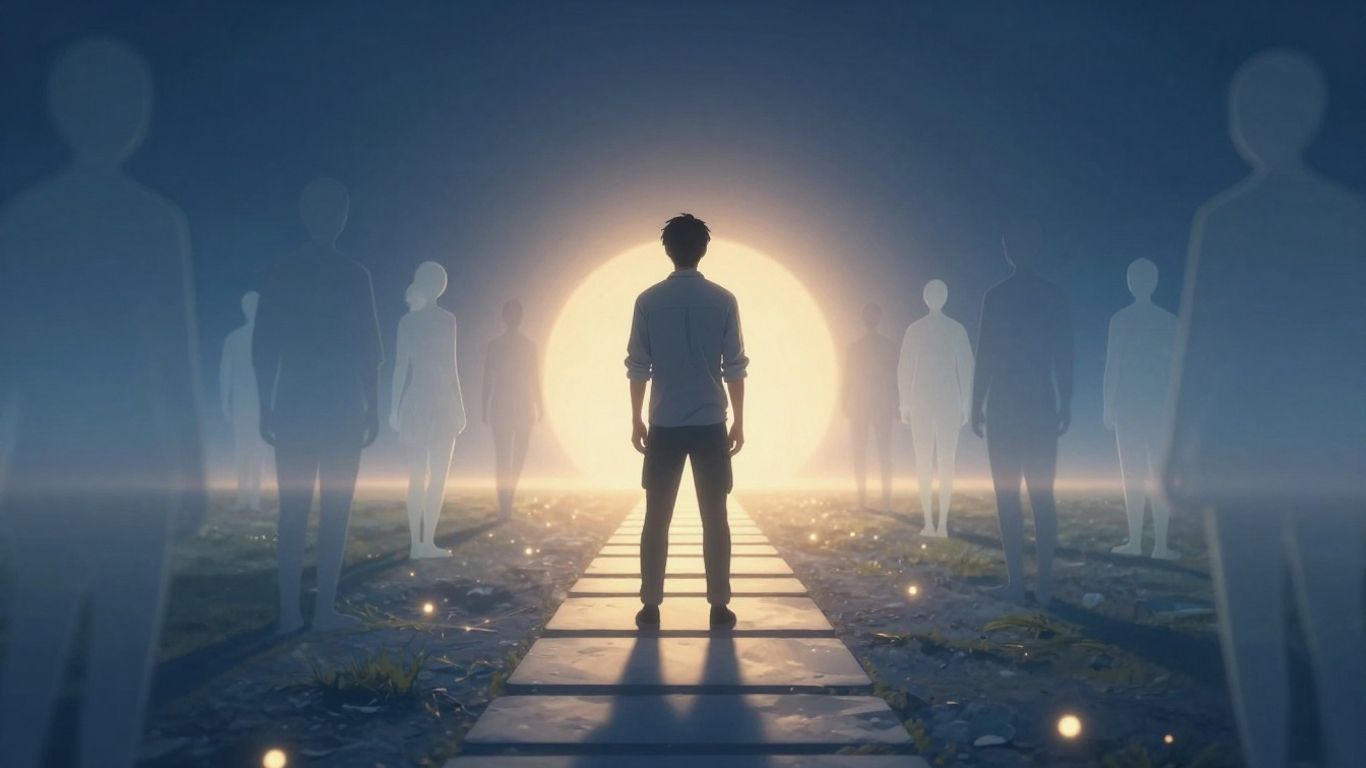 Person overcoming self-doubt on a path to success.