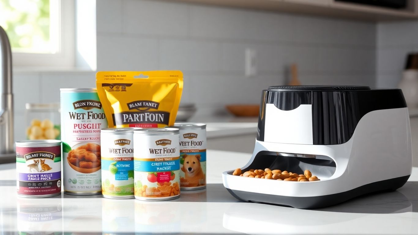 Pet wet food feeder with food and cans