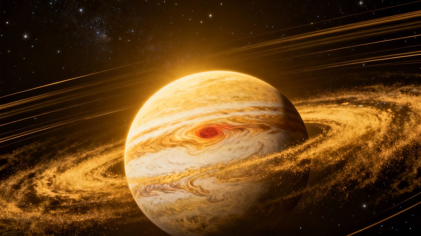 Jupiter's swirling clouds and golden light in space.