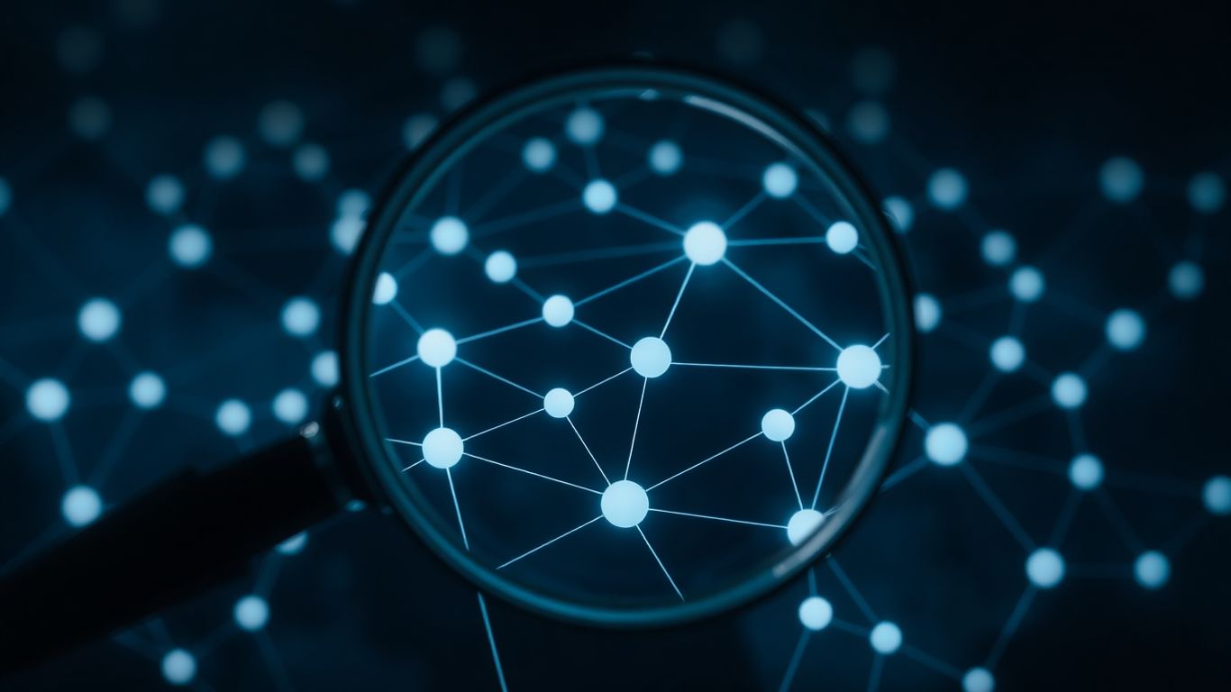 Magnifying glass over glowing network nodes