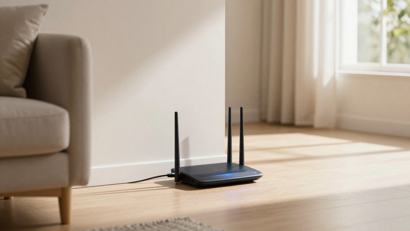 Internet fibra ótica em sala moderna com router.