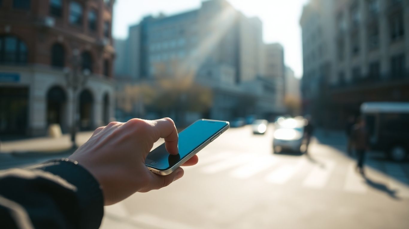 Persoană folosind smartphone în oraș, lumină naturală