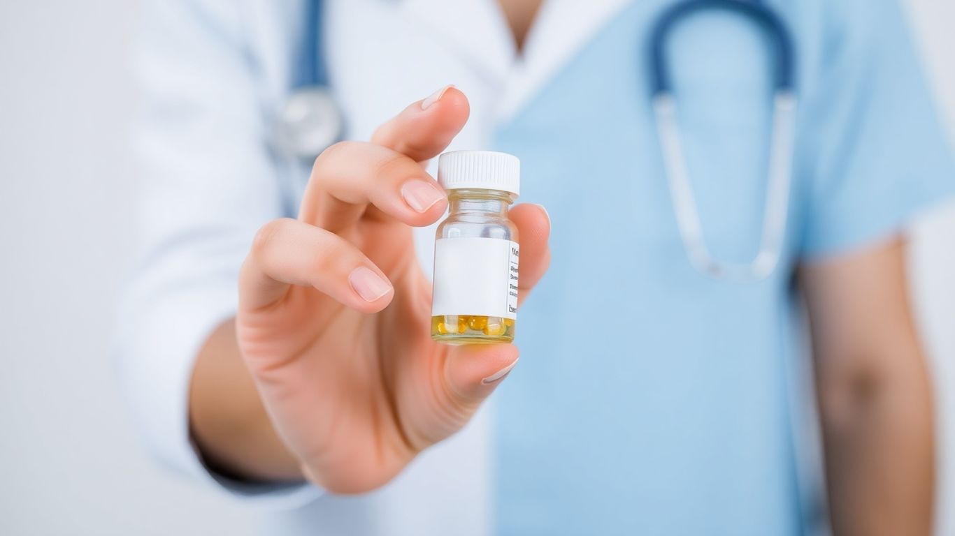 Pílulas e frasco de remédio em uma mão.