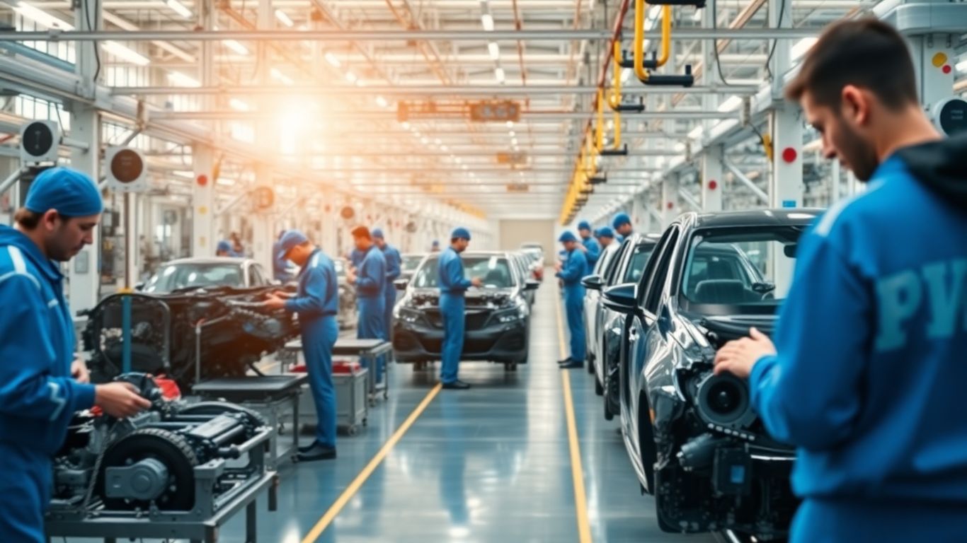 Automobilfabrik mit Arbeitern und Montagelinien
