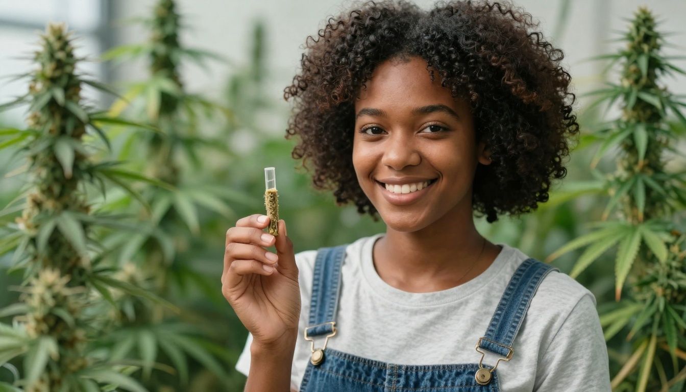 Woman holding a cannabis product with plants in the background.
