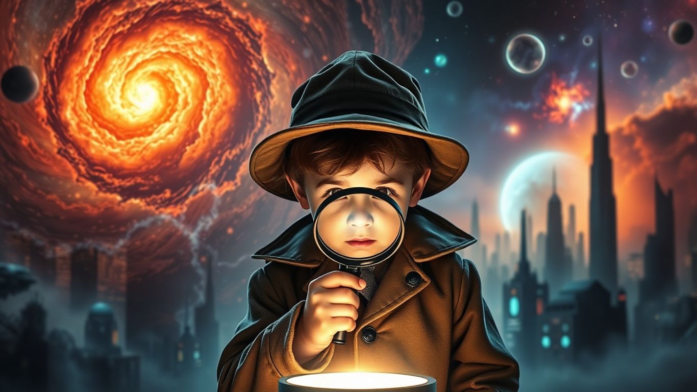 Young detective examining a glowing mystery object with sci-fi background.