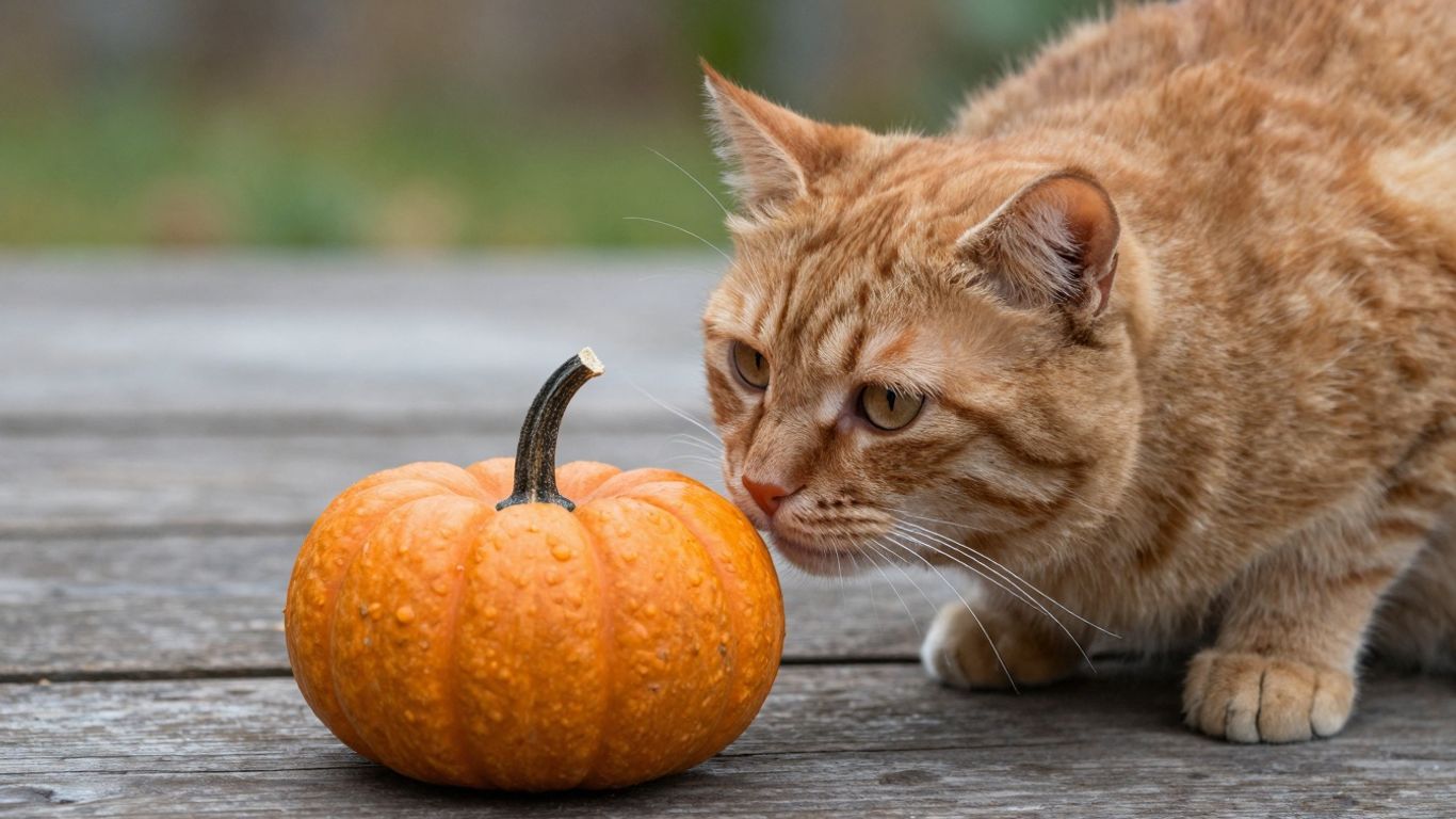 Cat sniffing a pumpkin.