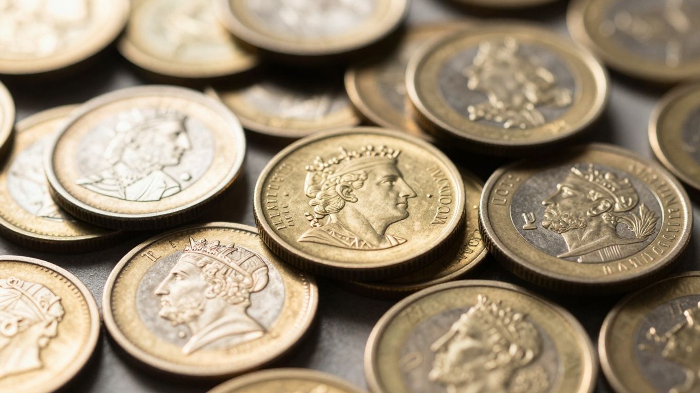 Valuable coins with intricate designs and gleaming surfaces.