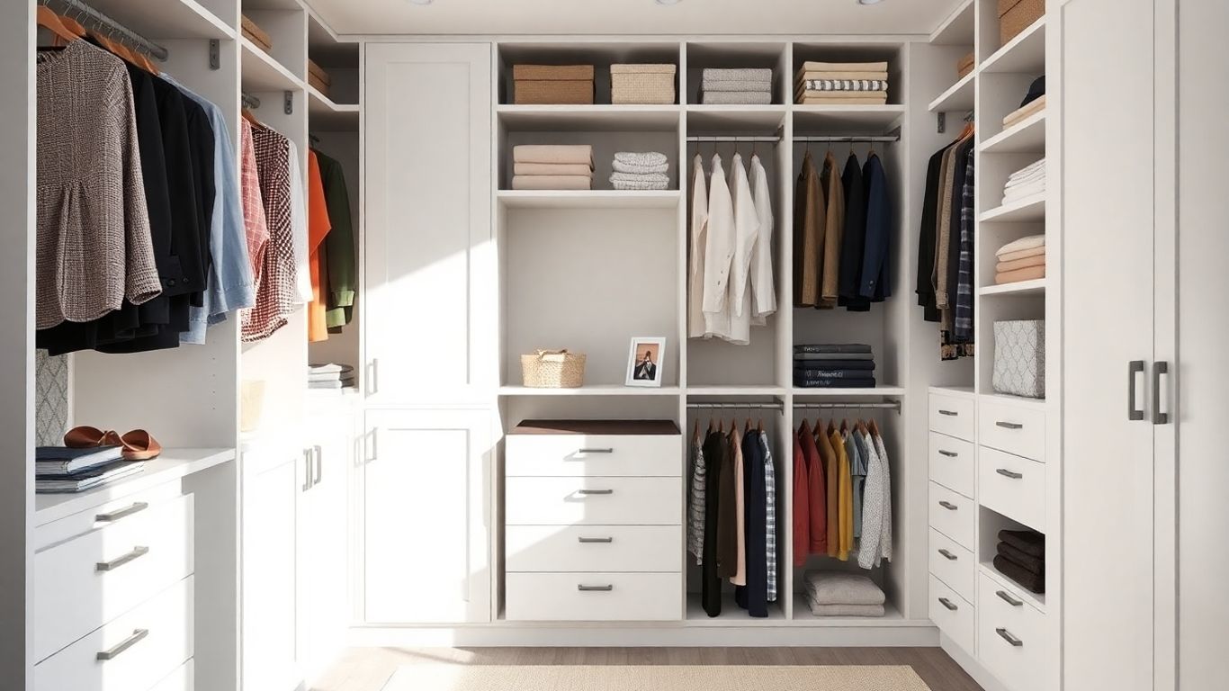 Modern organized IKEA PAX closet with clothes and shelves