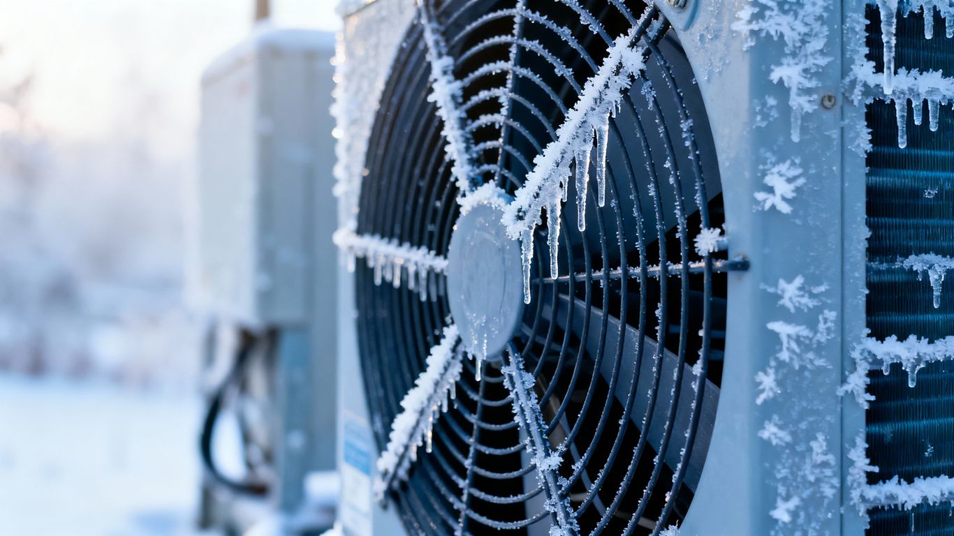 Frozen HVAC unit covered in frost and icicles.