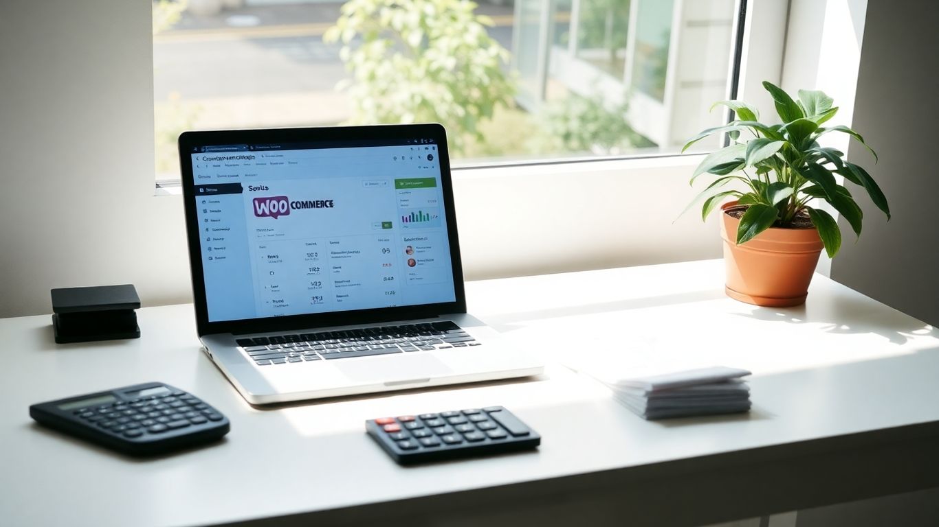 WooCommerce accounting dashboard on a laptop.