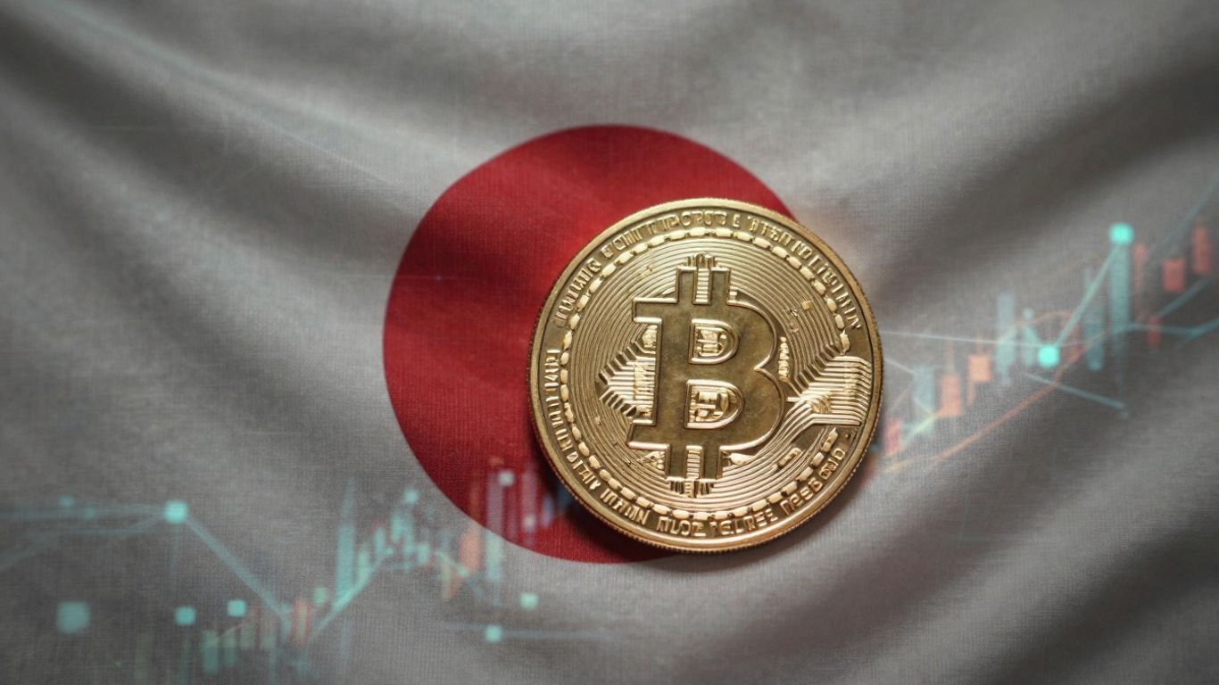 Japanese flag and glowing cryptocurrency coin