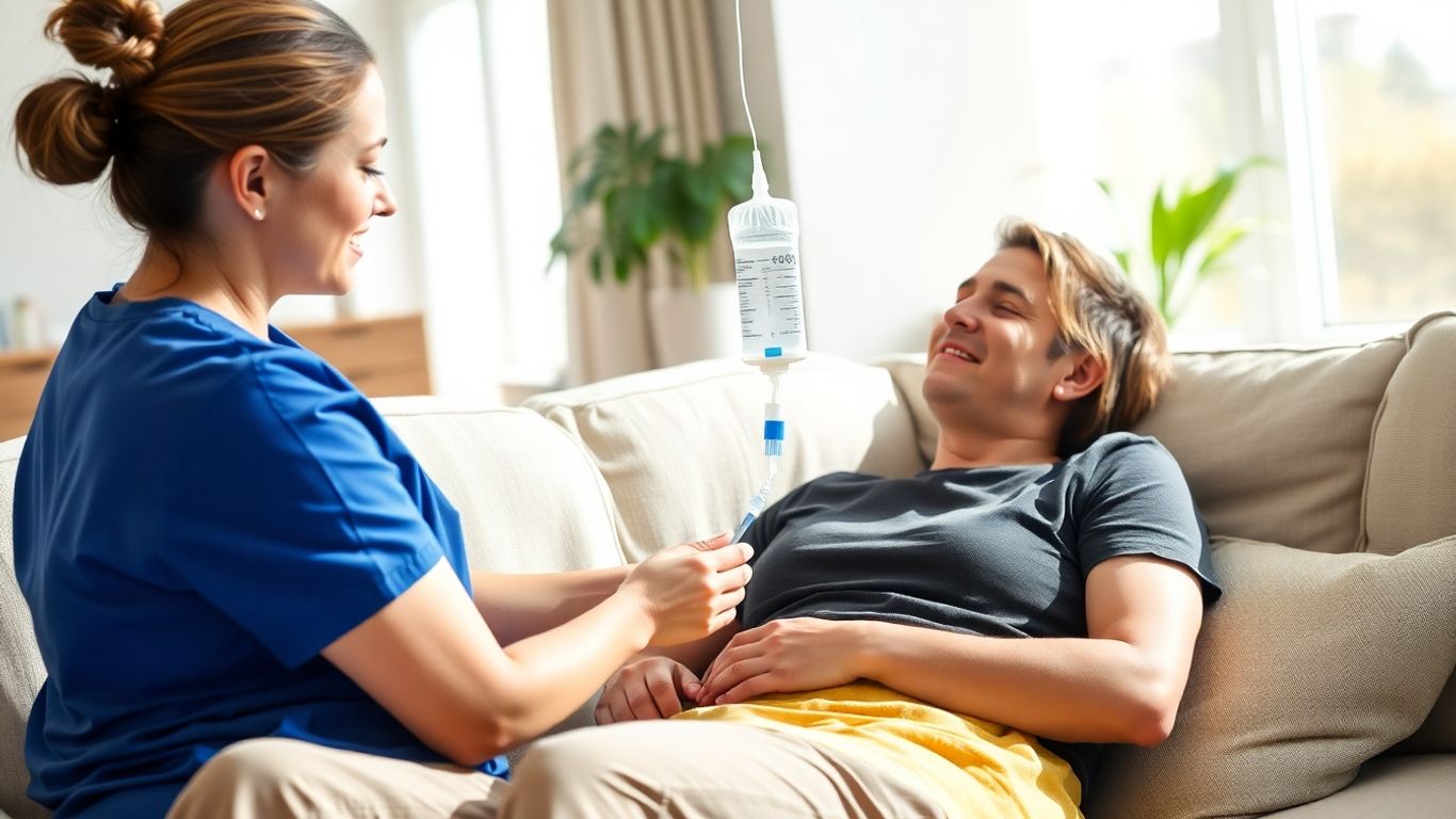 Mobile IV therapy in a home setting.