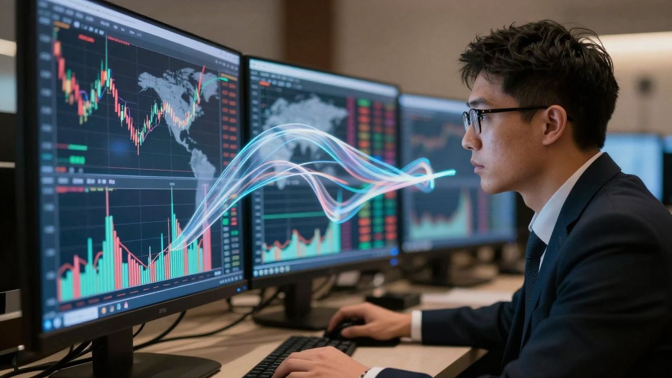Forex trading analysis with abstract currency flow.