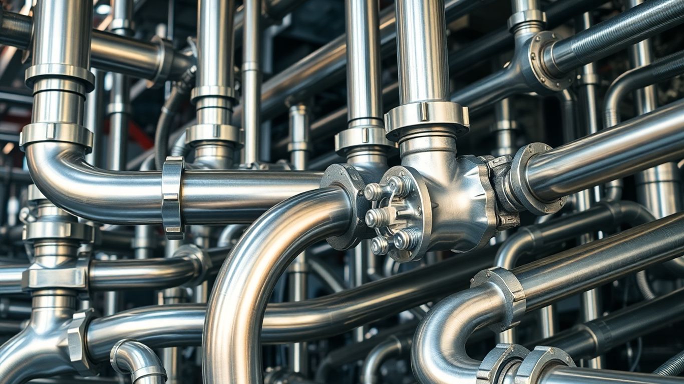 Intricate mechanical piping systems with valves and joints.